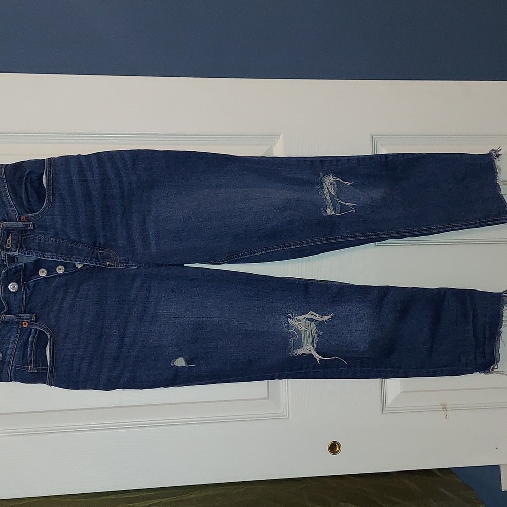 Old Navy Extra High Rise Curvy Sky-Hi Straight Button-Fly Blue Jeans 8